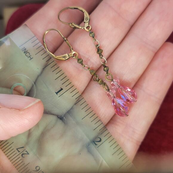Vintage Pink Glass Earrings 2 Inch Bronze Dangle Boho Jewelry - Picture 7 of 8